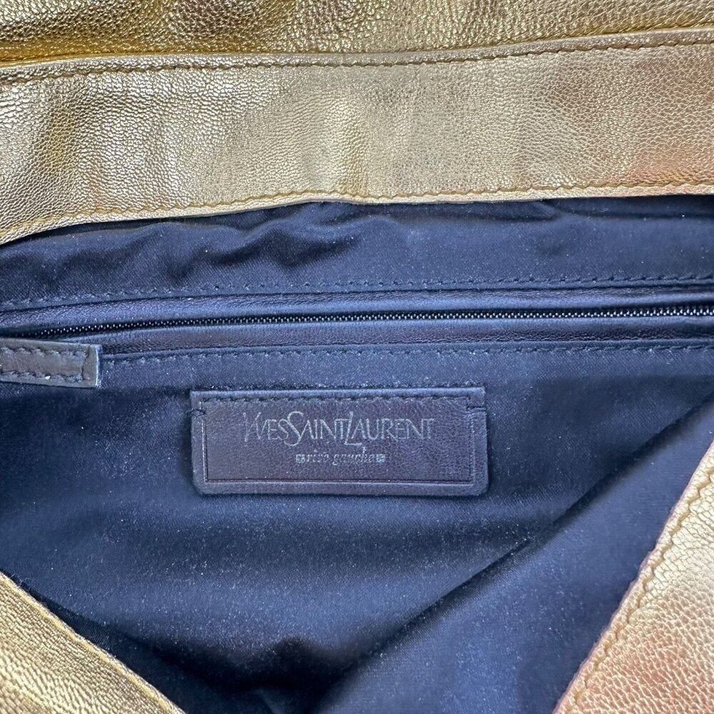 YSL Saint Laurent Rive Gauche Metallic Gilt Gold Leather Rose Baguette Bag - Picture 8 of 12